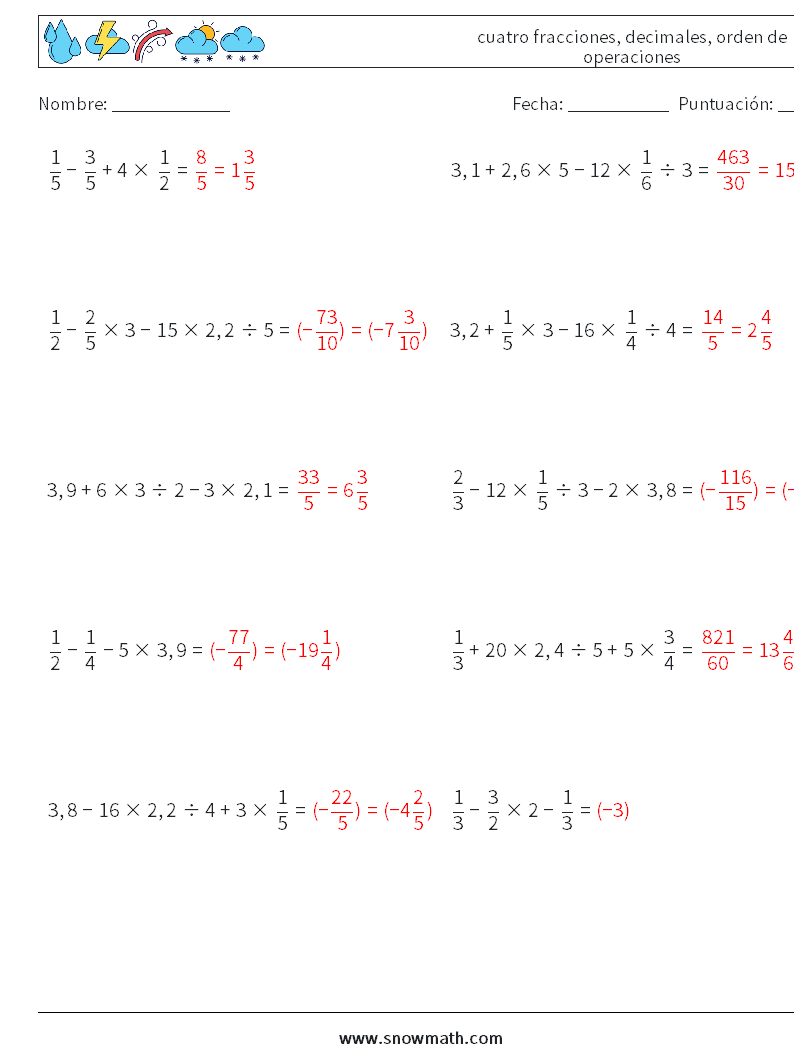 (10) cuatro fracciones, decimales, orden de operaciones Hojas de trabajo de matemáticas 6 Pregunta, respuesta