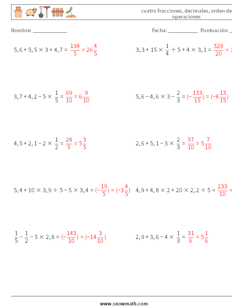 (10) cuatro fracciones, decimales, orden de operaciones Hojas de trabajo de matemáticas 7 Pregunta, respuesta