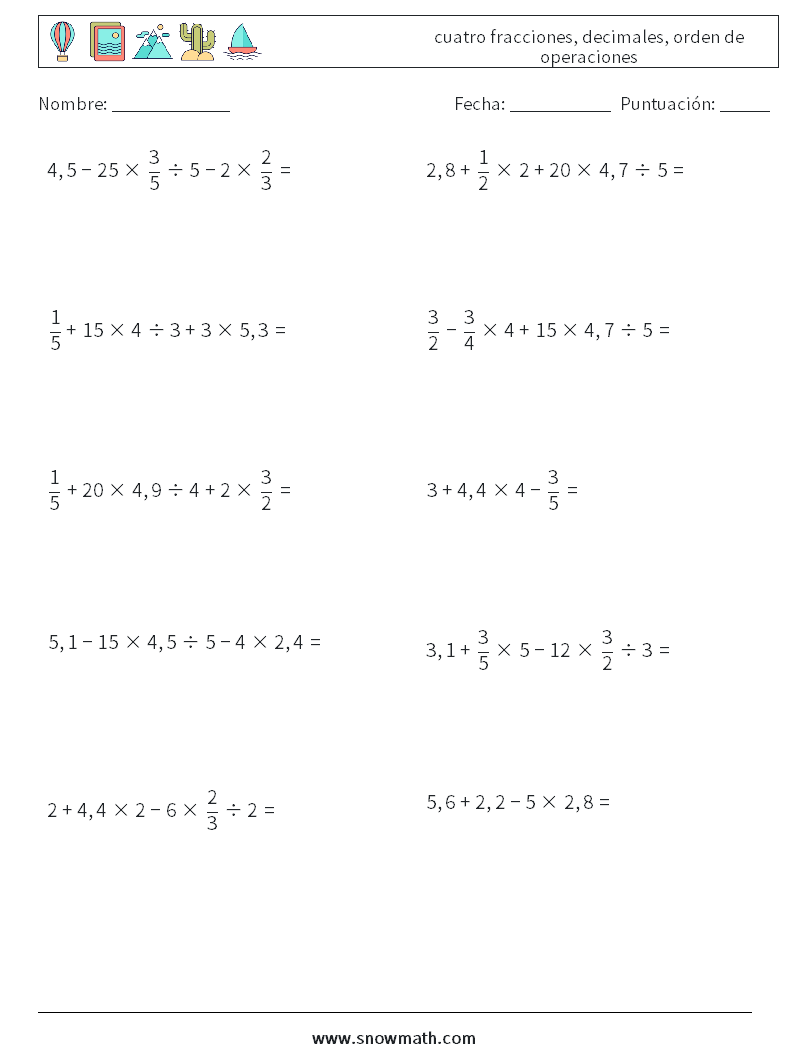 (10) cuatro fracciones, decimales, orden de operaciones Hojas de trabajo de matemáticas 8