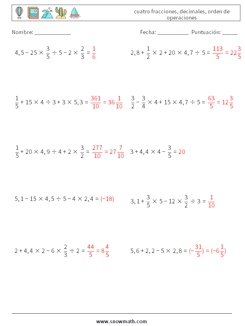 (10) cuatro fracciones, decimales, orden de operaciones Hojas de trabajo de matemáticas 8 Pregunta, respuesta