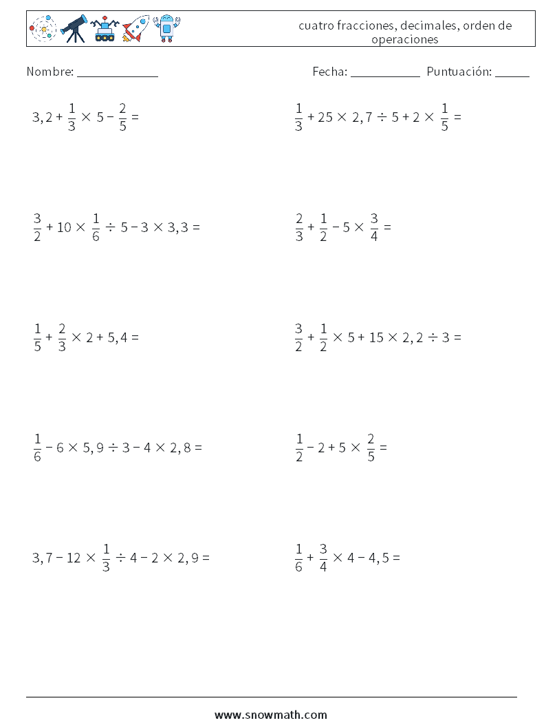(10) cuatro fracciones, decimales, orden de operaciones Hojas de trabajo de matemáticas 9