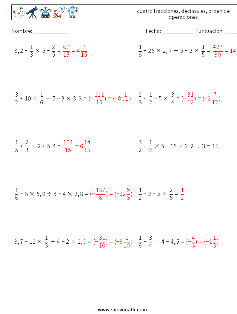 (10) cuatro fracciones, decimales, orden de operaciones Hojas de trabajo de matemáticas 9 Pregunta, respuesta