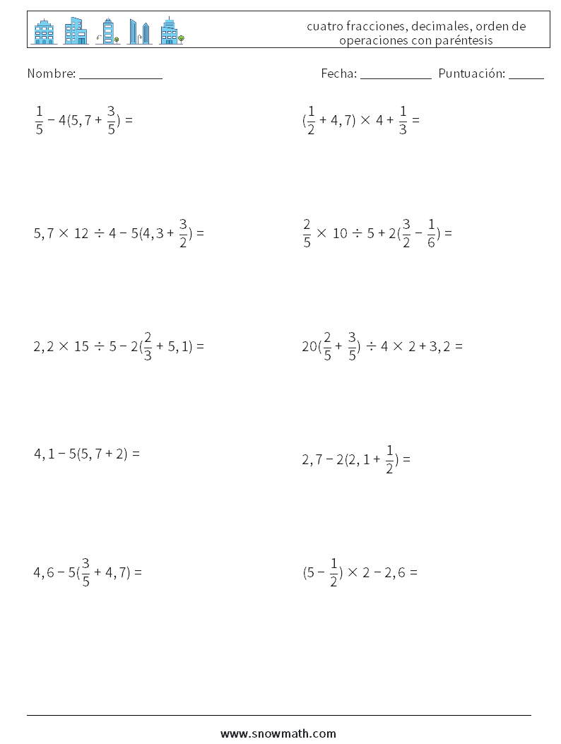 (10) cuatro fracciones, decimales, orden de operaciones con paréntesis