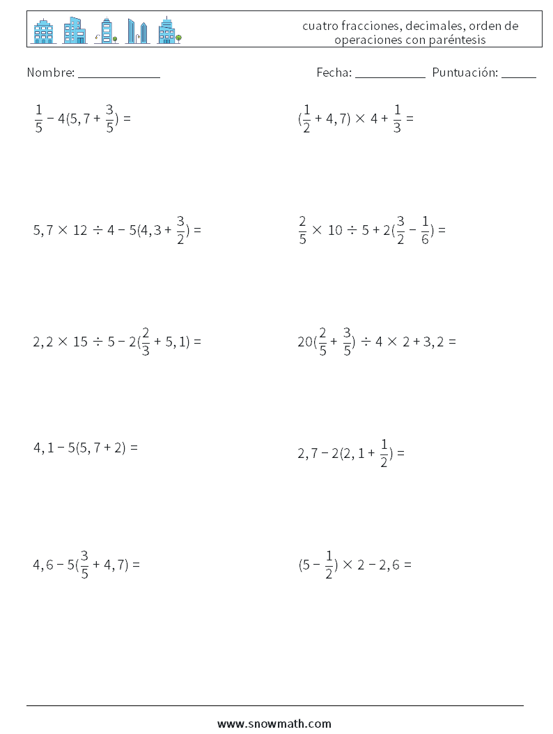 (10) cuatro fracciones, decimales, orden de operaciones con paréntesis Hojas de trabajo de matemáticas 1