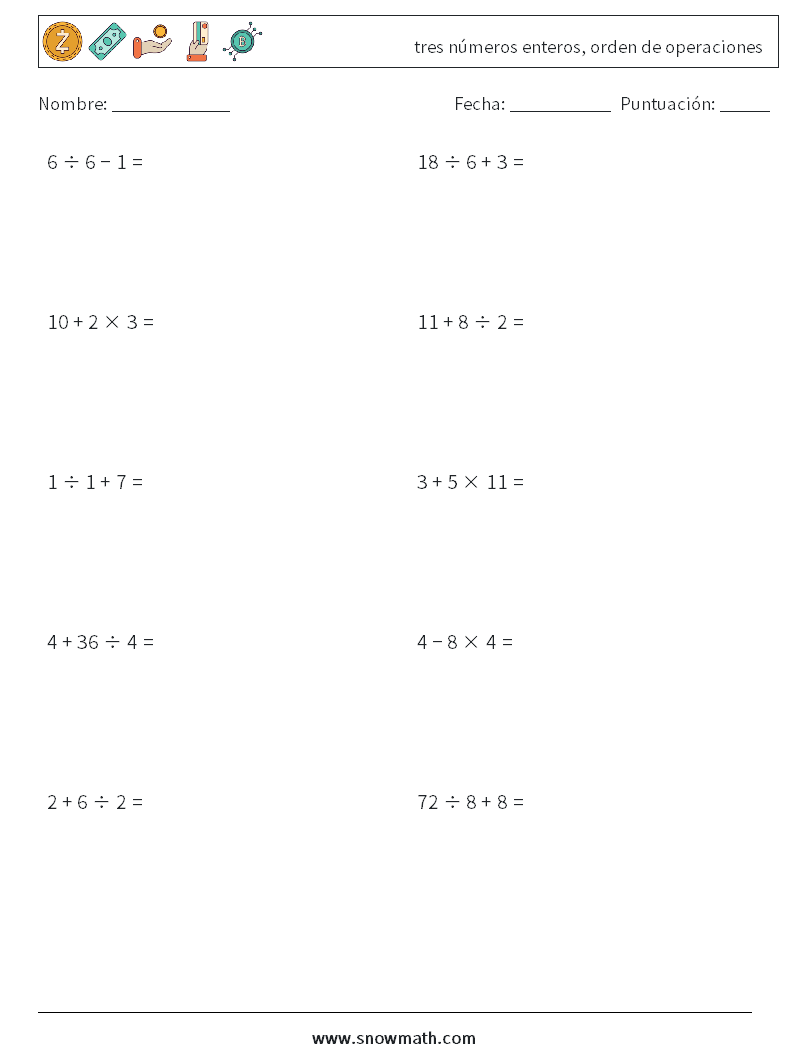 (10) tres números enteros, orden de operaciones Hojas de trabajo de matemáticas 10