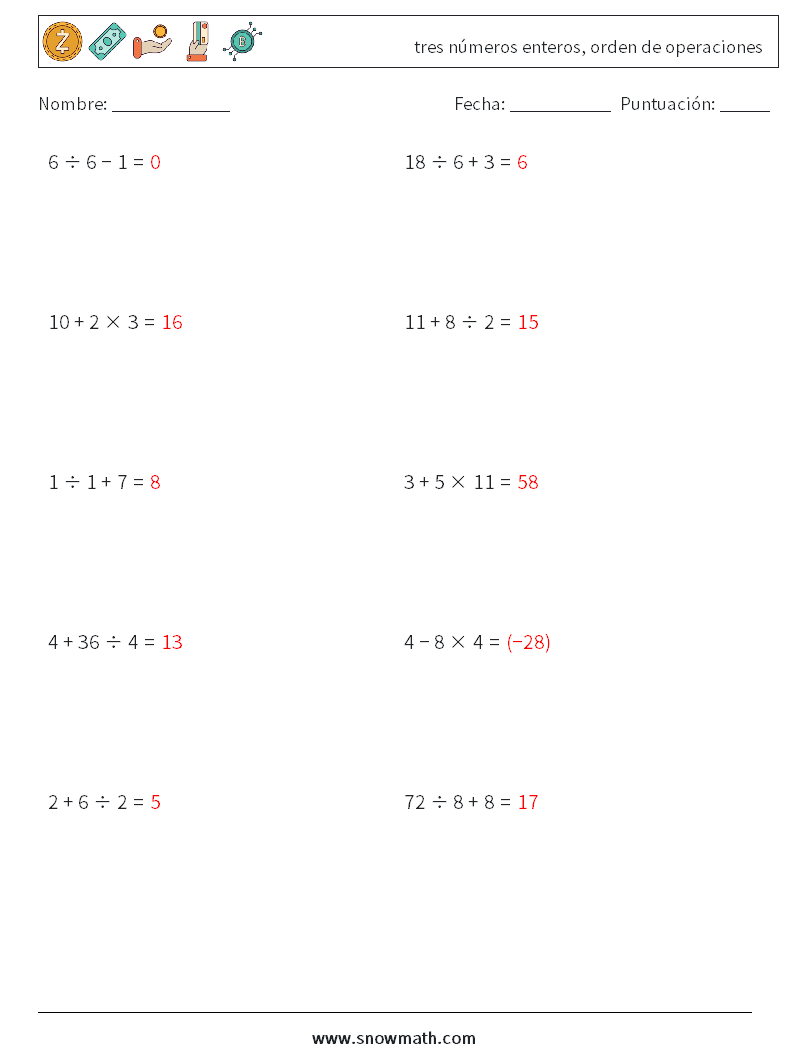 (10) tres números enteros, orden de operaciones Hojas de trabajo de matemáticas 10 Pregunta, respuesta