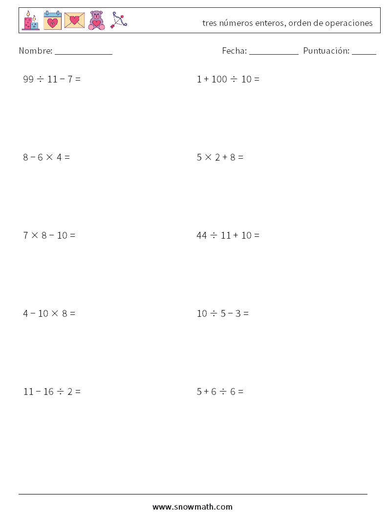 (10) tres números enteros, orden de operaciones Hojas de trabajo de matemáticas 11