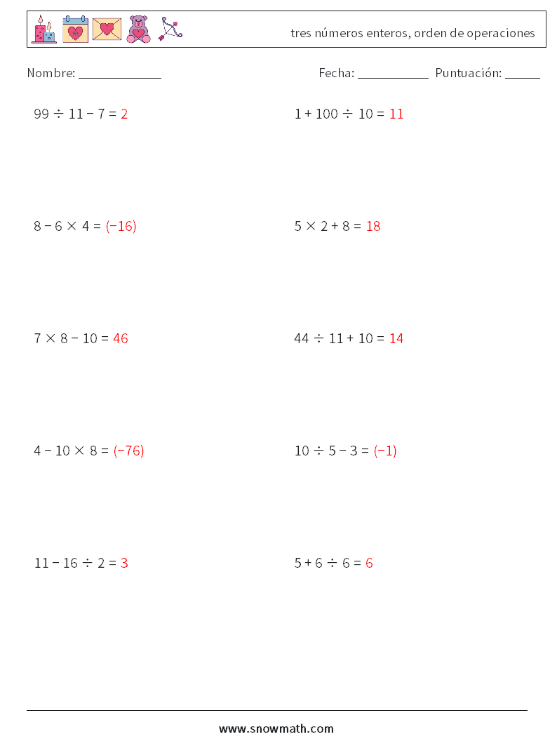 (10) tres números enteros, orden de operaciones Hojas de trabajo de matemáticas 11 Pregunta, respuesta