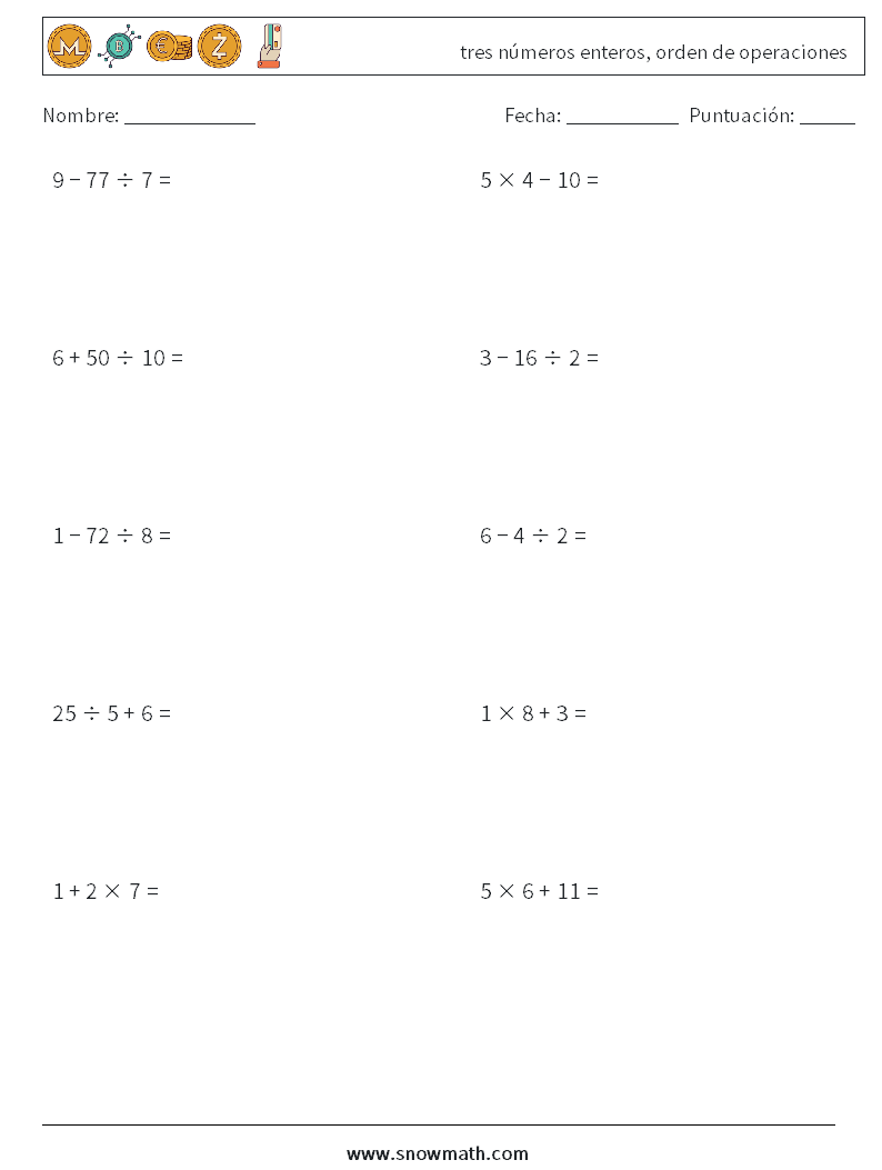(10) tres números enteros, orden de operaciones Hojas de trabajo de matemáticas 13