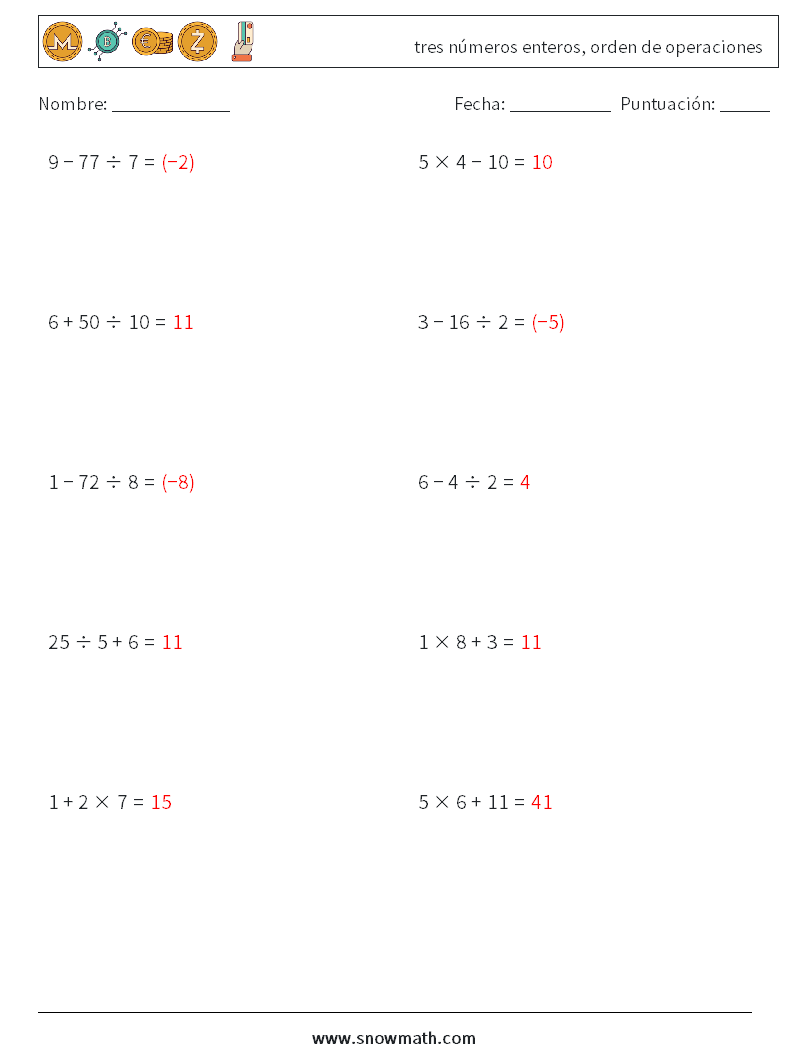(10) tres números enteros, orden de operaciones Hojas de trabajo de matemáticas 13 Pregunta, respuesta