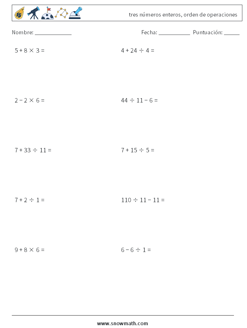 (10) tres números enteros, orden de operaciones Hojas de trabajo de matemáticas 14