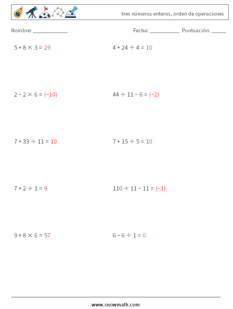 (10) tres números enteros, orden de operaciones Hojas de trabajo de matemáticas 14 Pregunta, respuesta