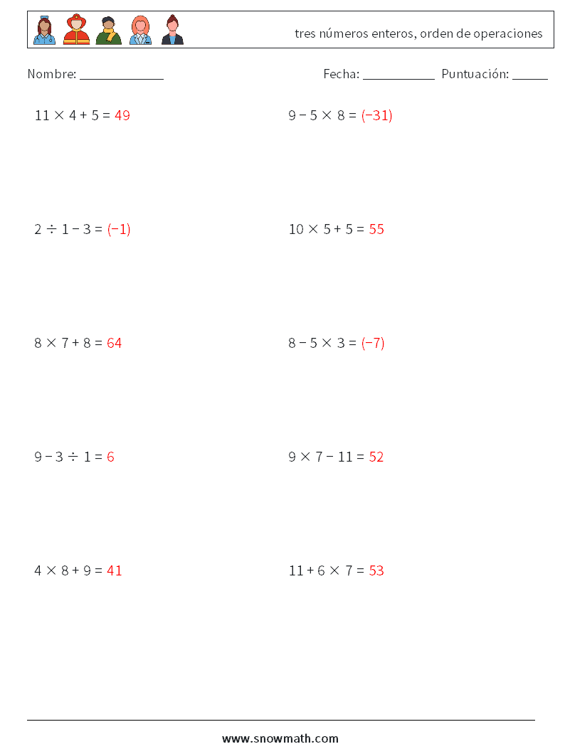 (10) tres números enteros, orden de operaciones Hojas de trabajo de matemáticas 15 Pregunta, respuesta