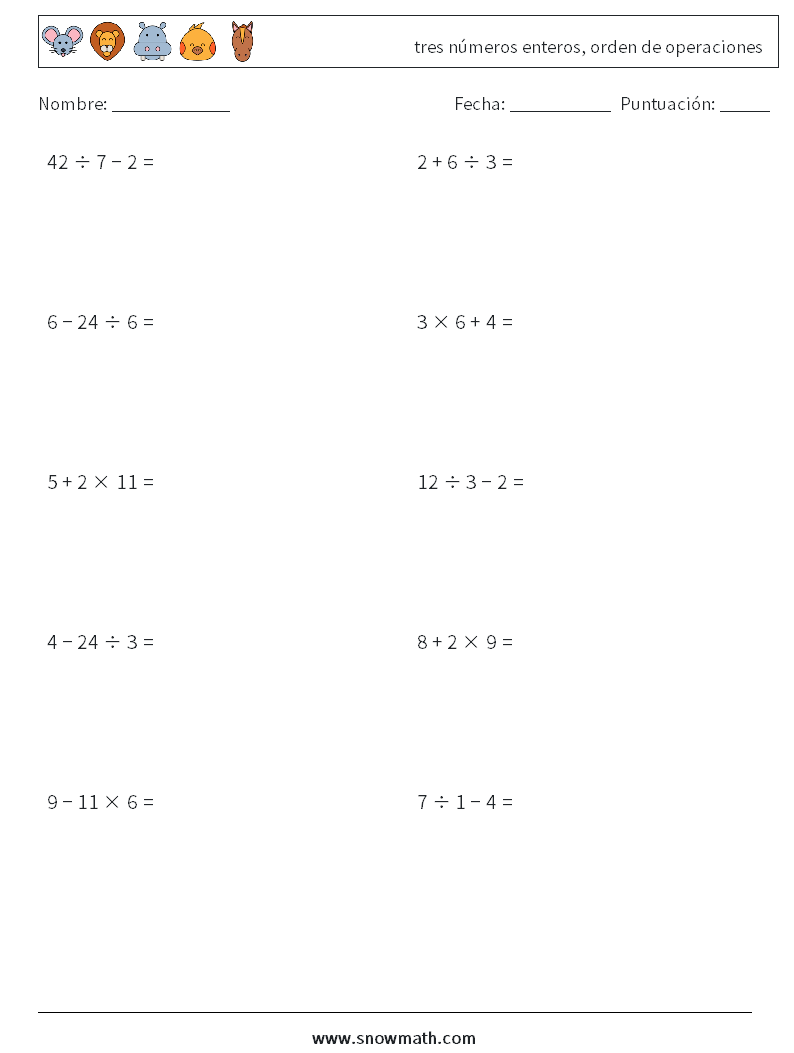 (10) tres números enteros, orden de operaciones Hojas de trabajo de matemáticas 16