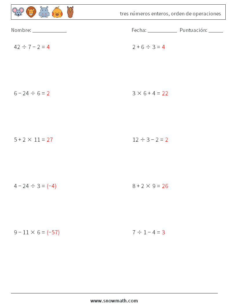 (10) tres números enteros, orden de operaciones Hojas de trabajo de matemáticas 16 Pregunta, respuesta