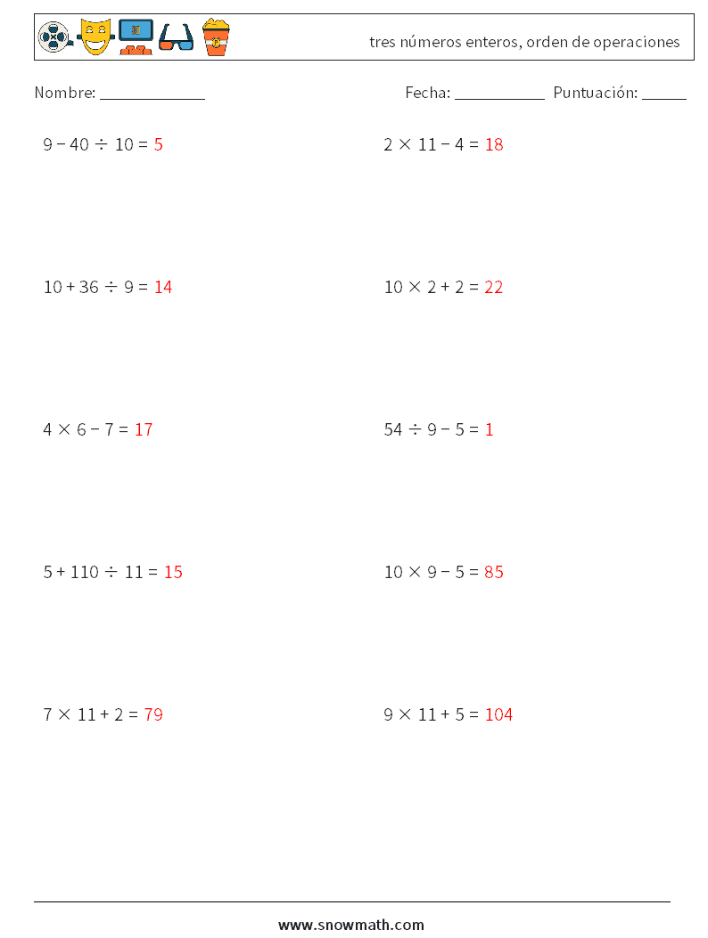 (10) tres números enteros, orden de operaciones Hojas de trabajo de matemáticas 18 Pregunta, respuesta