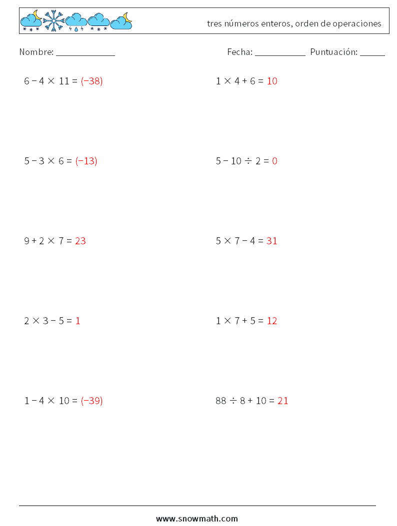 (10) tres números enteros, orden de operaciones Hojas de trabajo de matemáticas 1 Pregunta, respuesta