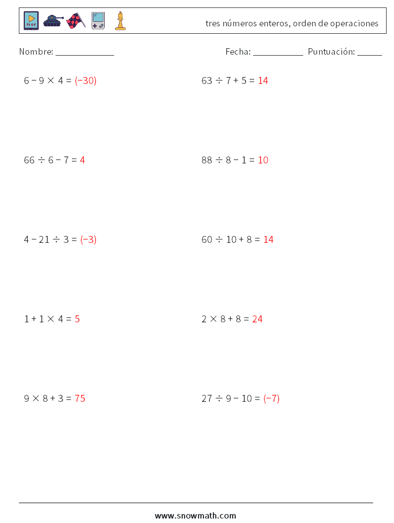 (10) tres números enteros, orden de operaciones Hojas de trabajo de matemáticas 2 Pregunta, respuesta