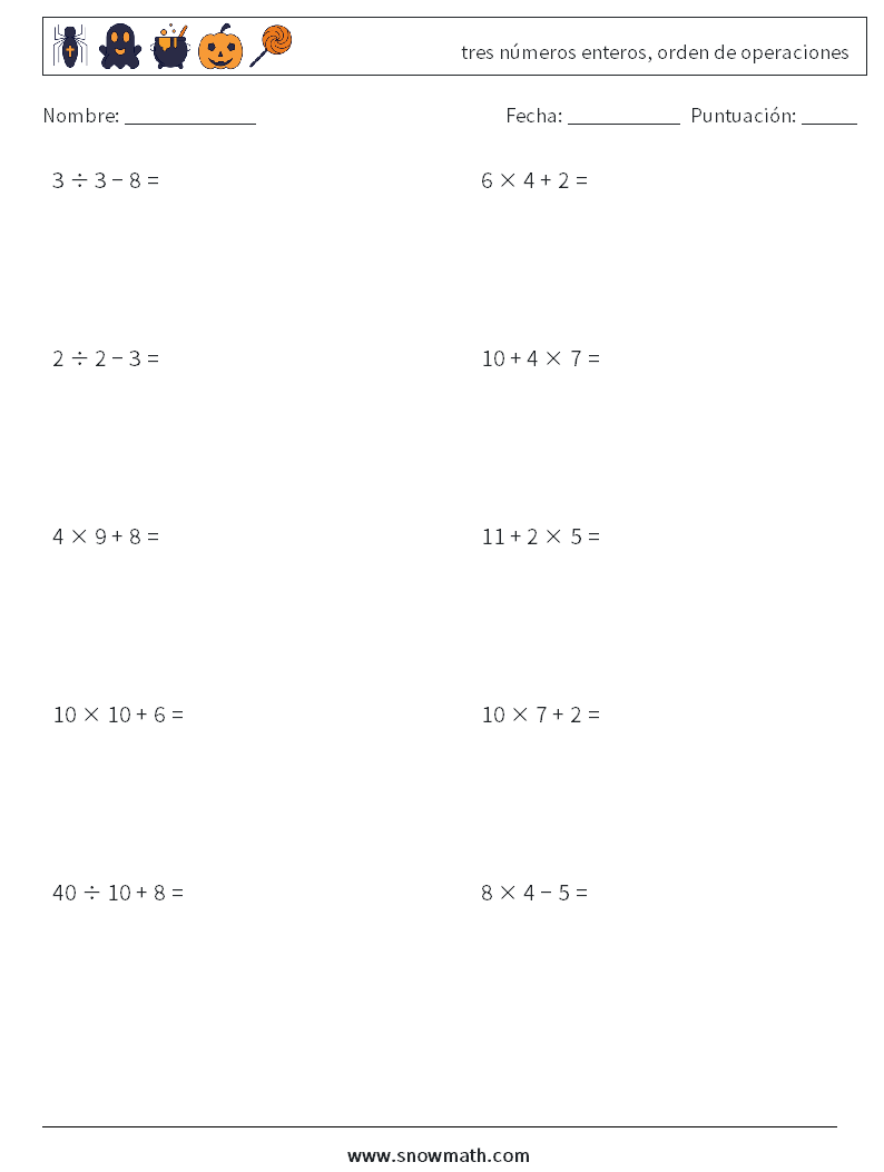 (10) tres números enteros, orden de operaciones Hojas de trabajo de matemáticas 4
