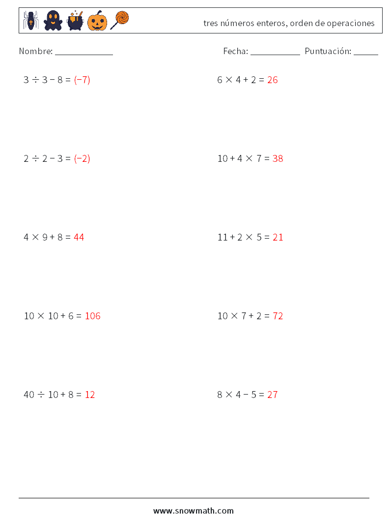 (10) tres números enteros, orden de operaciones Hojas de trabajo de matemáticas 4 Pregunta, respuesta