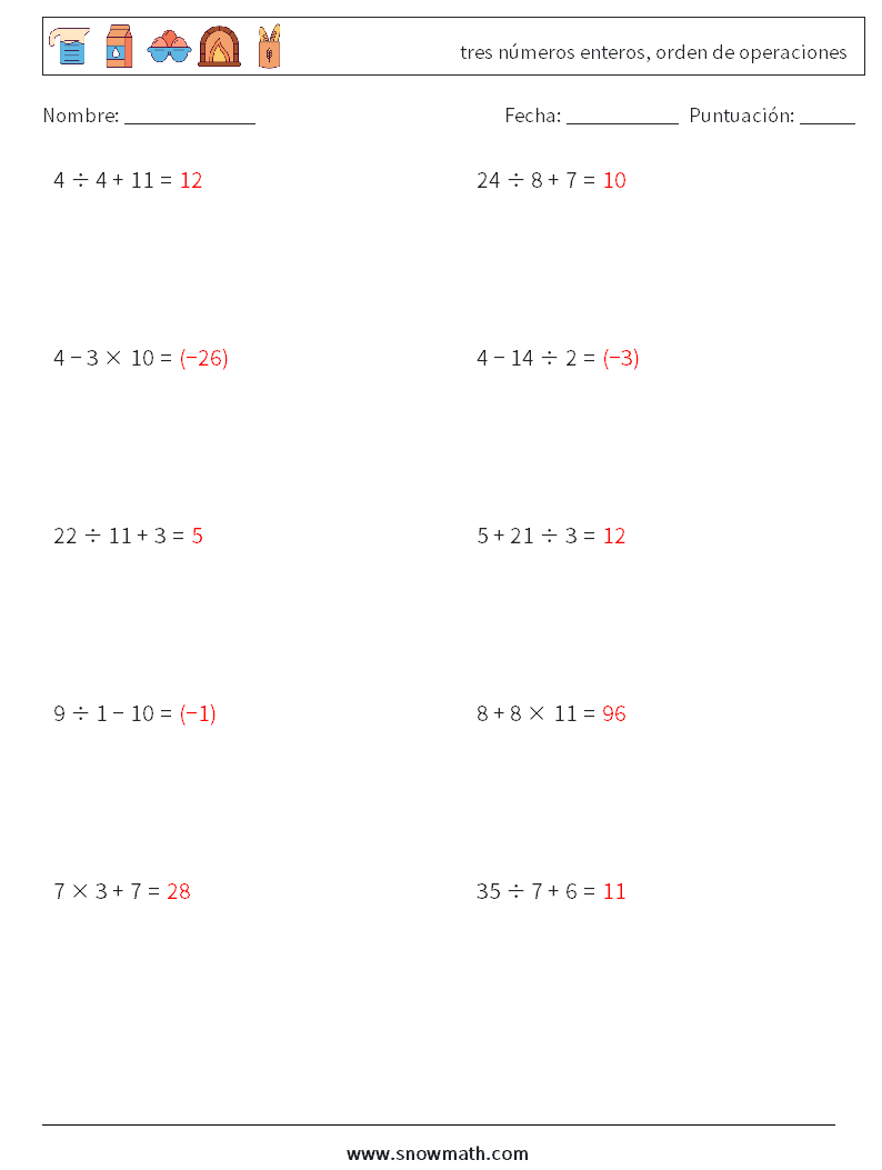 (10) tres números enteros, orden de operaciones Hojas de trabajo de matemáticas 5 Pregunta, respuesta