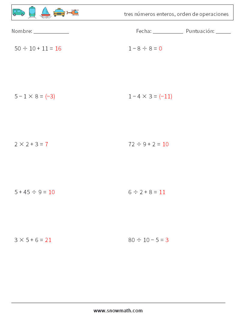 (10) tres números enteros, orden de operaciones Hojas de trabajo de matemáticas 6 Pregunta, respuesta
