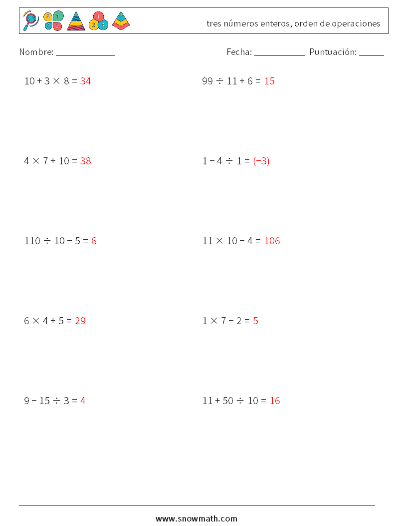 (10) tres números enteros, orden de operaciones Hojas de trabajo de matemáticas 7 Pregunta, respuesta