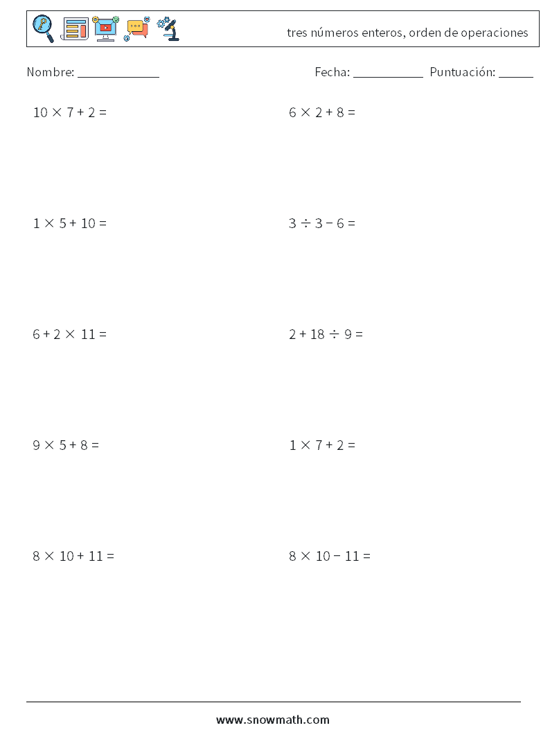 (10) tres números enteros, orden de operaciones Hojas de trabajo de matemáticas 8