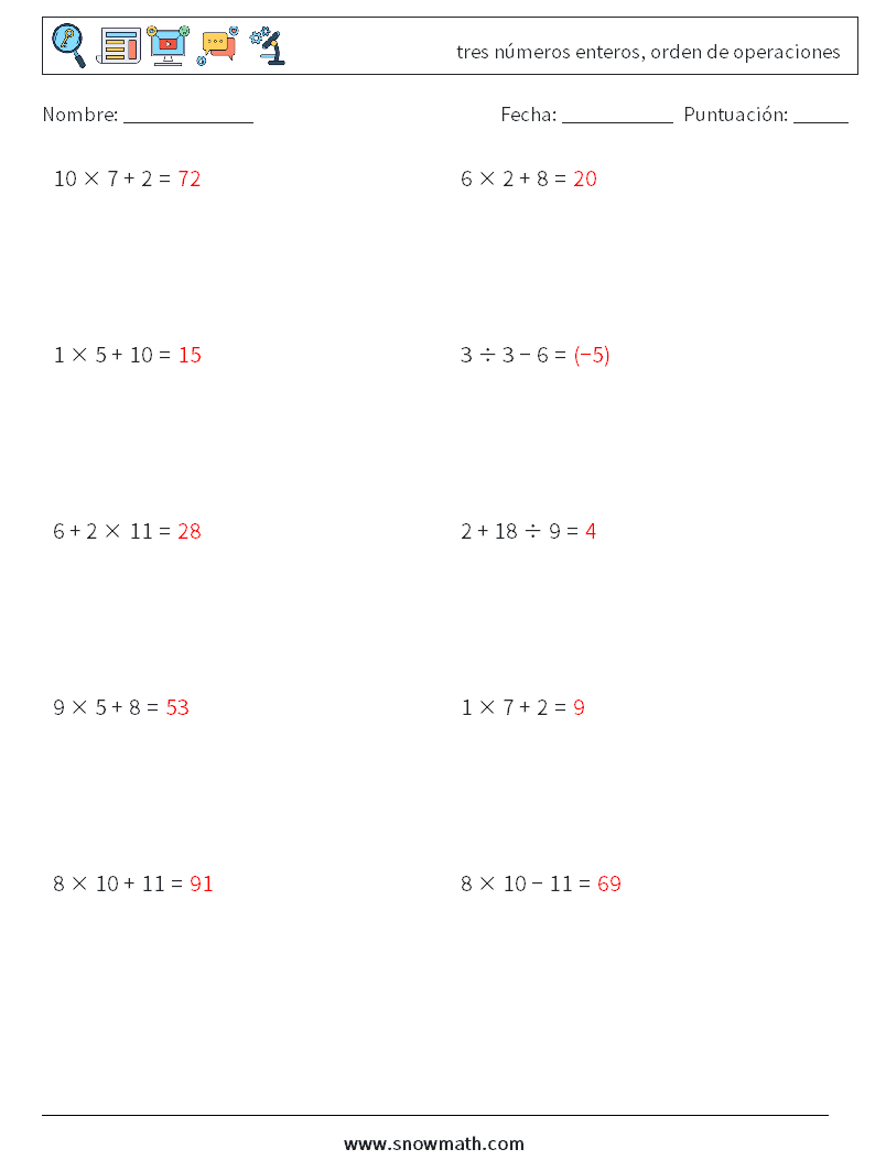 (10) tres números enteros, orden de operaciones Hojas de trabajo de matemáticas 8 Pregunta, respuesta