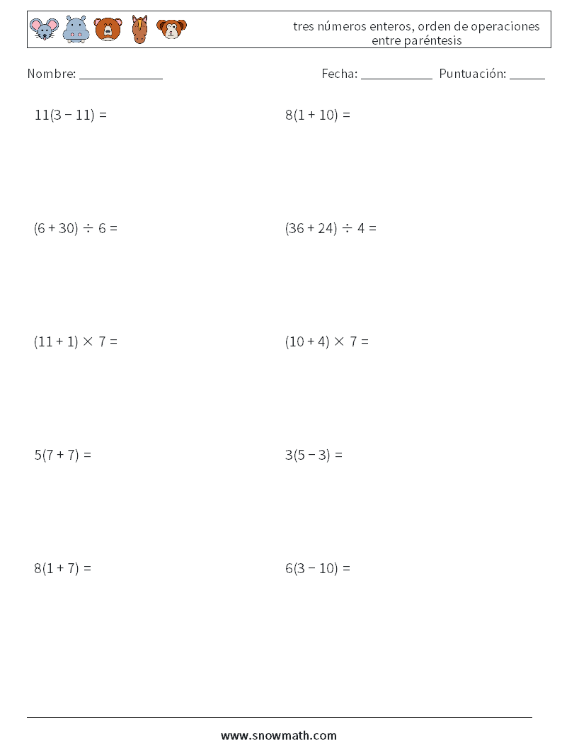 (10) tres números enteros, orden de operaciones entre paréntesis Hojas de trabajo de matemáticas 10
