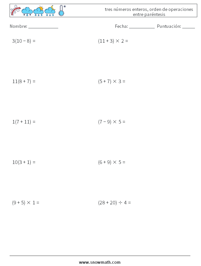 (10) tres números enteros, orden de operaciones entre paréntesis Hojas de trabajo de matemáticas 13