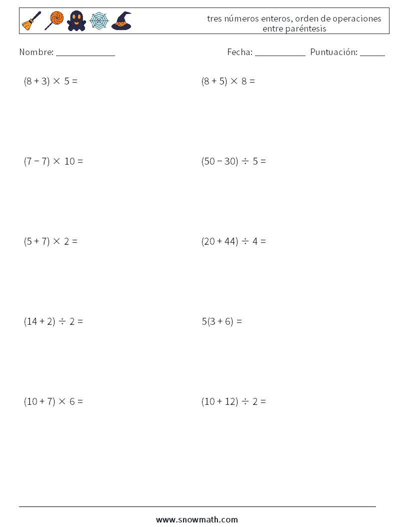 (10) tres números enteros, orden de operaciones entre paréntesis Hojas de trabajo de matemáticas 14