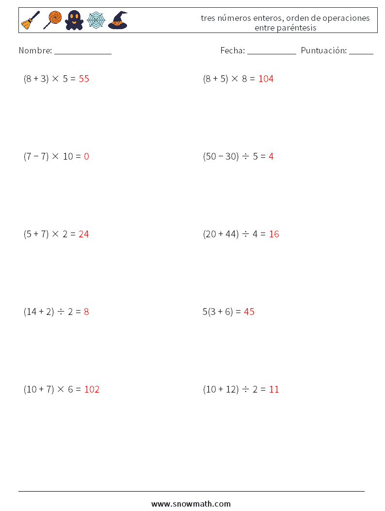(10) tres números enteros, orden de operaciones entre paréntesis Hojas de trabajo de matemáticas 14 Pregunta, respuesta
