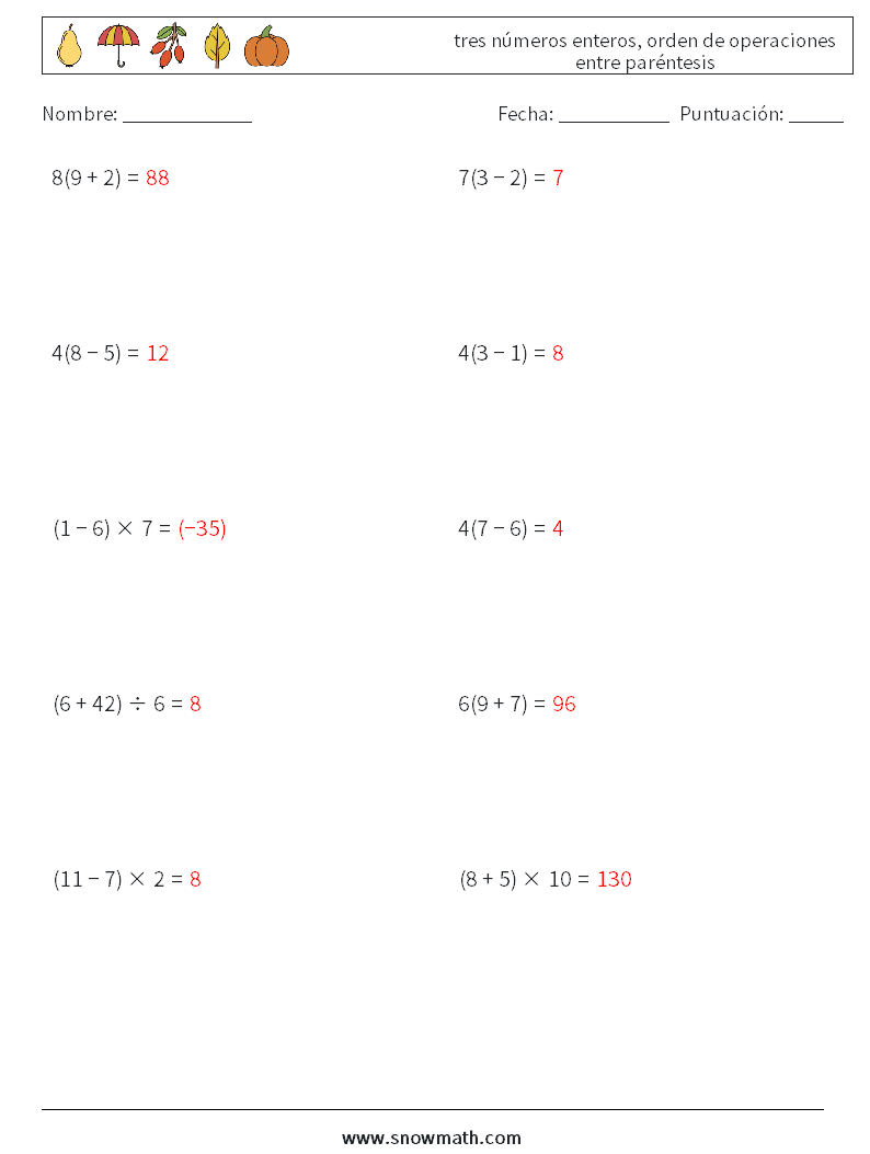 (10) tres números enteros, orden de operaciones entre paréntesis Hojas de trabajo de matemáticas 15 Pregunta, respuesta