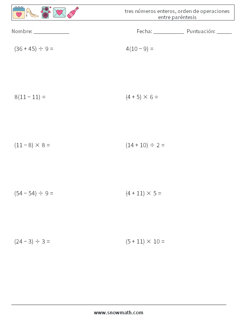 (10) tres números enteros, orden de operaciones entre paréntesis Hojas de trabajo de matemáticas 16