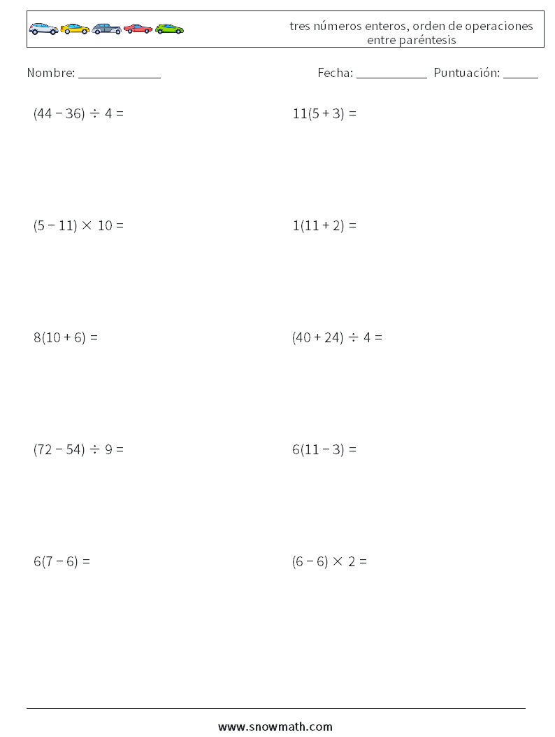 (10) tres números enteros, orden de operaciones entre paréntesis Hojas de trabajo de matemáticas 18