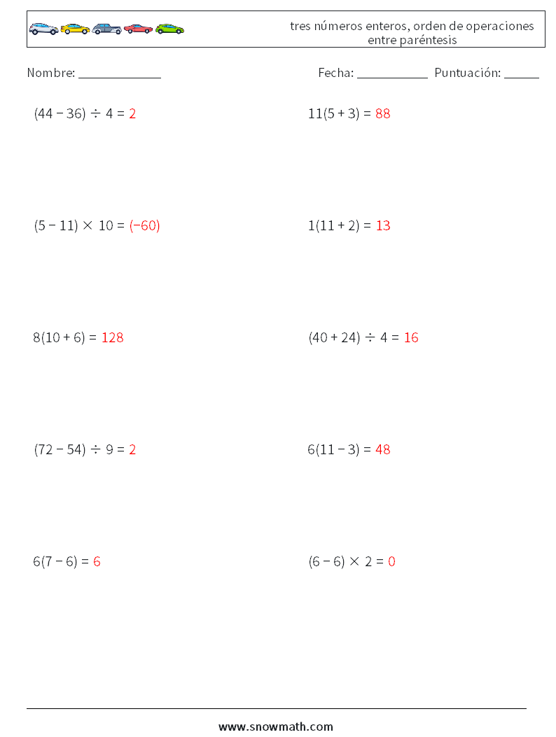 (10) tres números enteros, orden de operaciones entre paréntesis Hojas de trabajo de matemáticas 18 Pregunta, respuesta