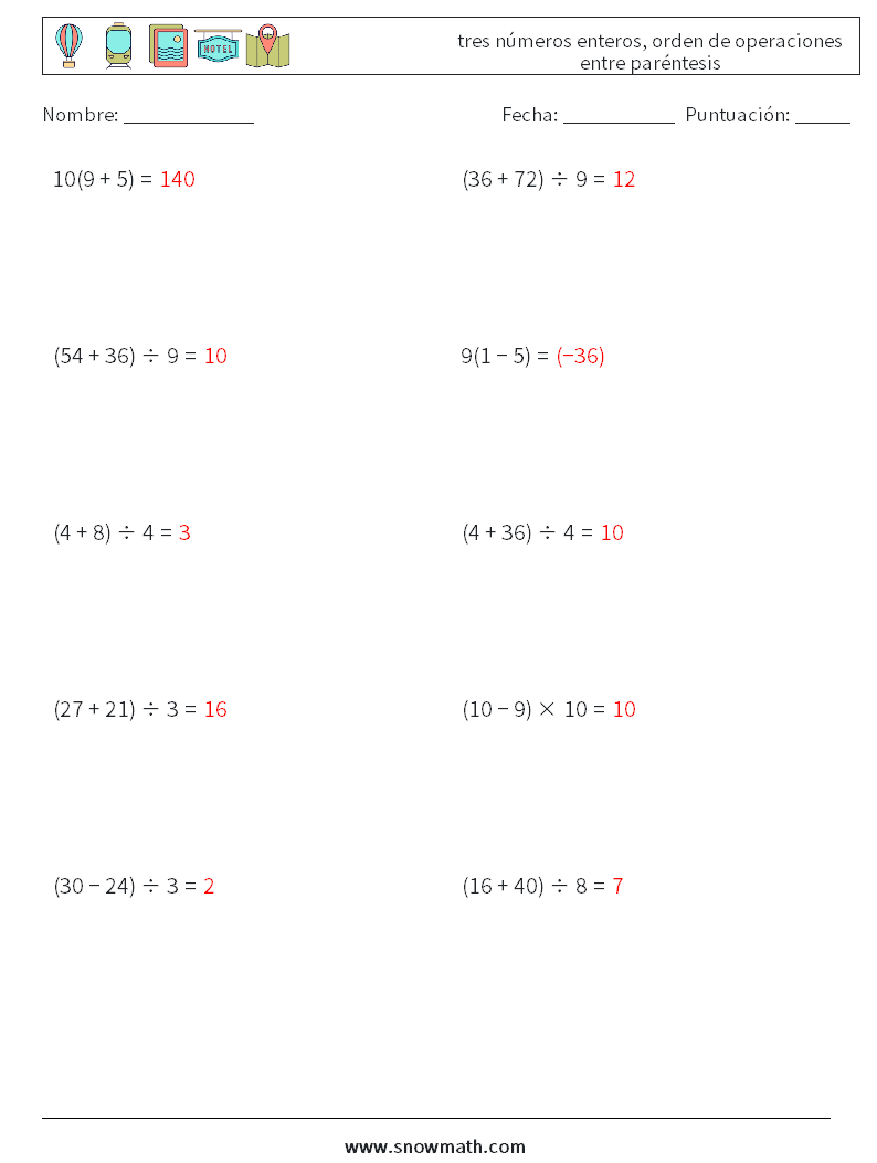 (10) tres números enteros, orden de operaciones entre paréntesis Hojas de trabajo de matemáticas 1 Pregunta, respuesta