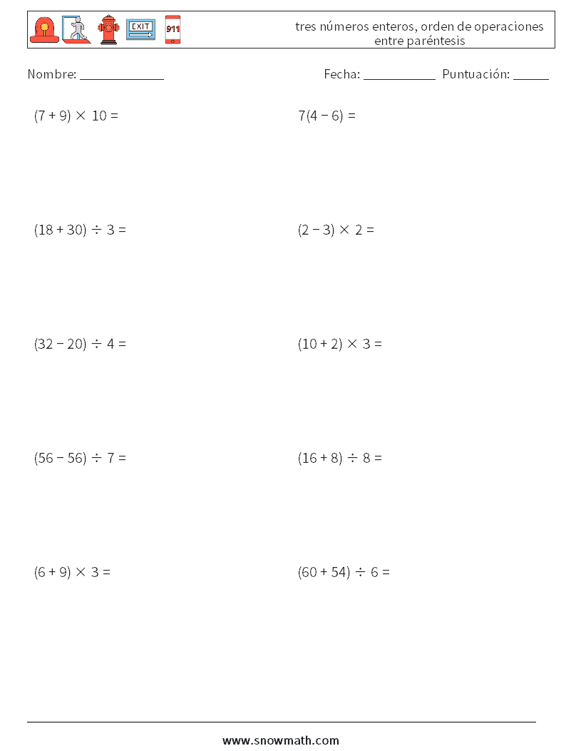 (10) tres números enteros, orden de operaciones entre paréntesis Hojas de trabajo de matemáticas 2