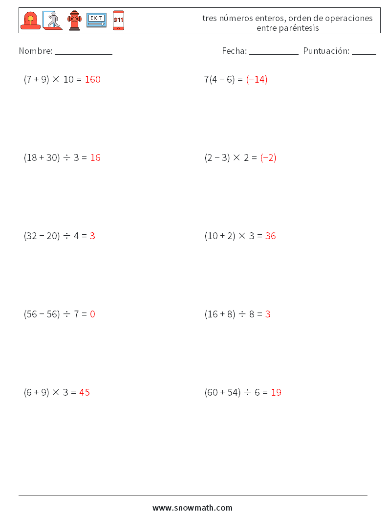 (10) tres números enteros, orden de operaciones entre paréntesis Hojas de trabajo de matemáticas 2 Pregunta, respuesta