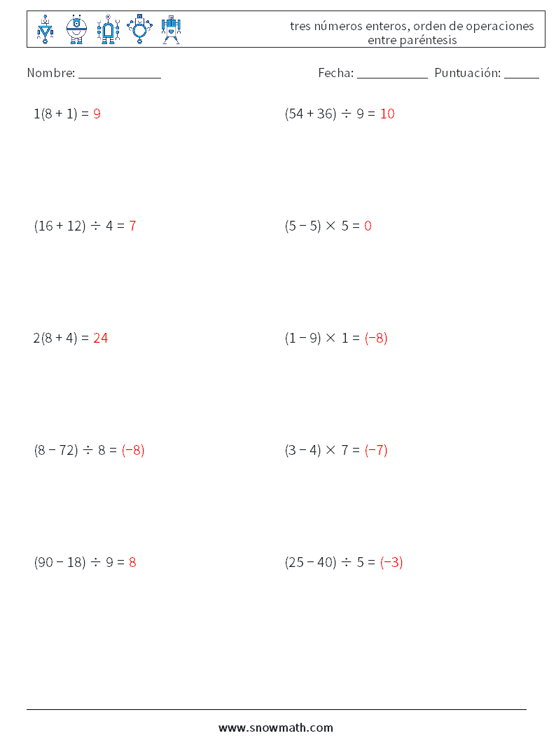 (10) tres números enteros, orden de operaciones entre paréntesis Hojas de trabajo de matemáticas 3 Pregunta, respuesta