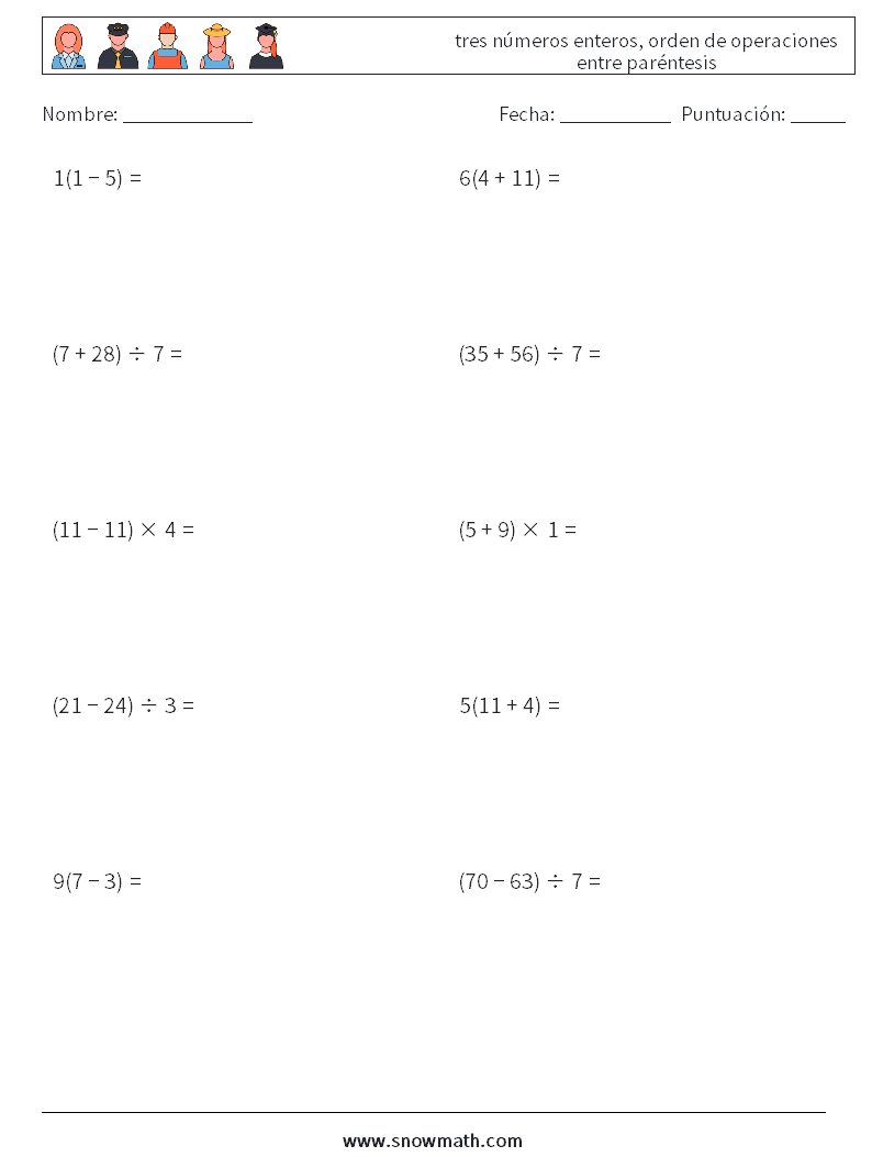 (10) tres números enteros, orden de operaciones entre paréntesis Hojas de trabajo de matemáticas 4