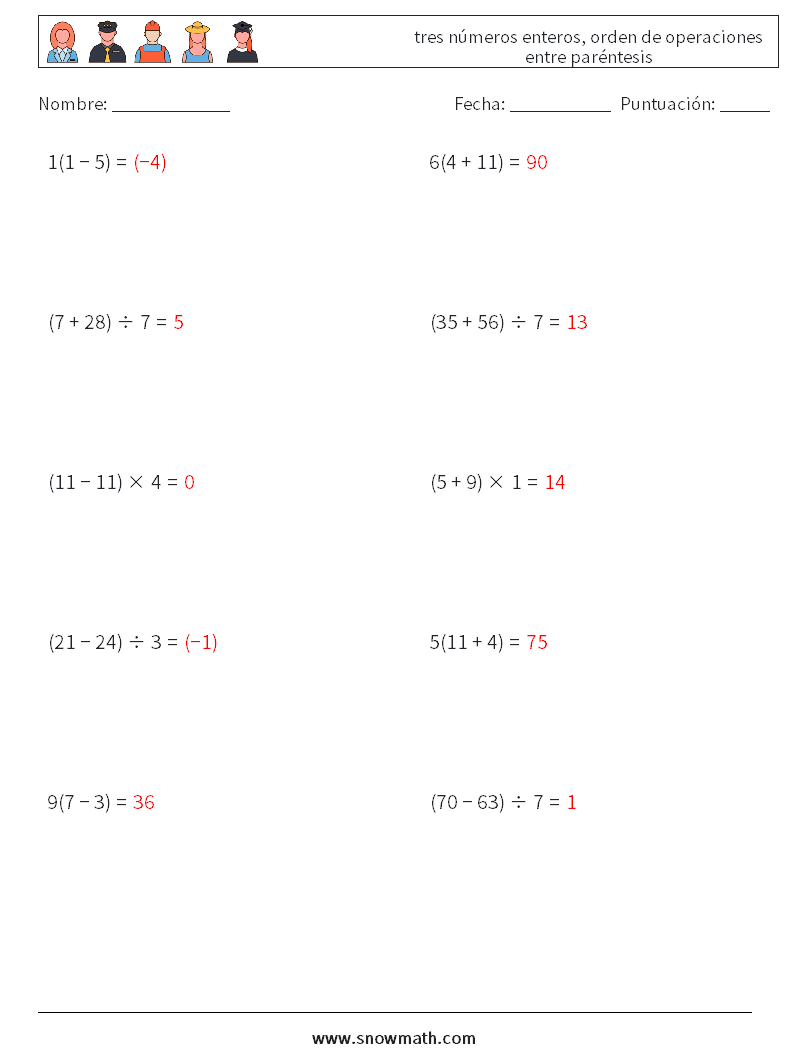 (10) tres números enteros, orden de operaciones entre paréntesis Hojas de trabajo de matemáticas 4 Pregunta, respuesta