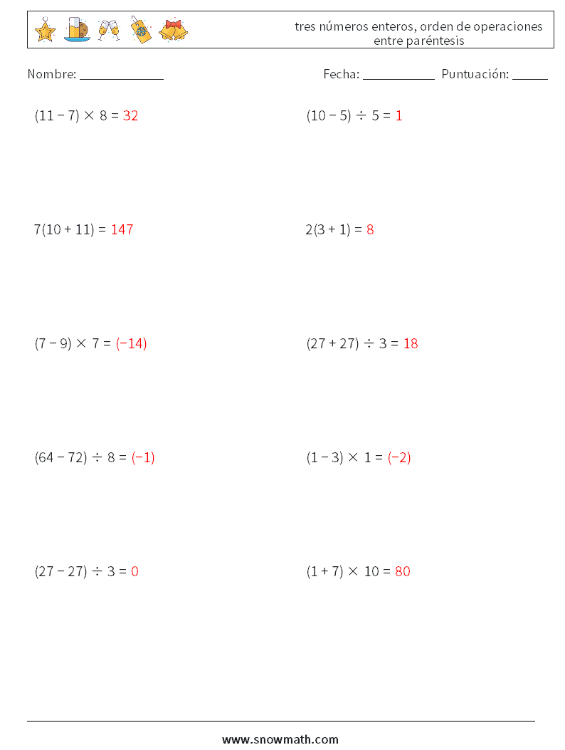 (10) tres números enteros, orden de operaciones entre paréntesis Hojas de trabajo de matemáticas 8 Pregunta, respuesta