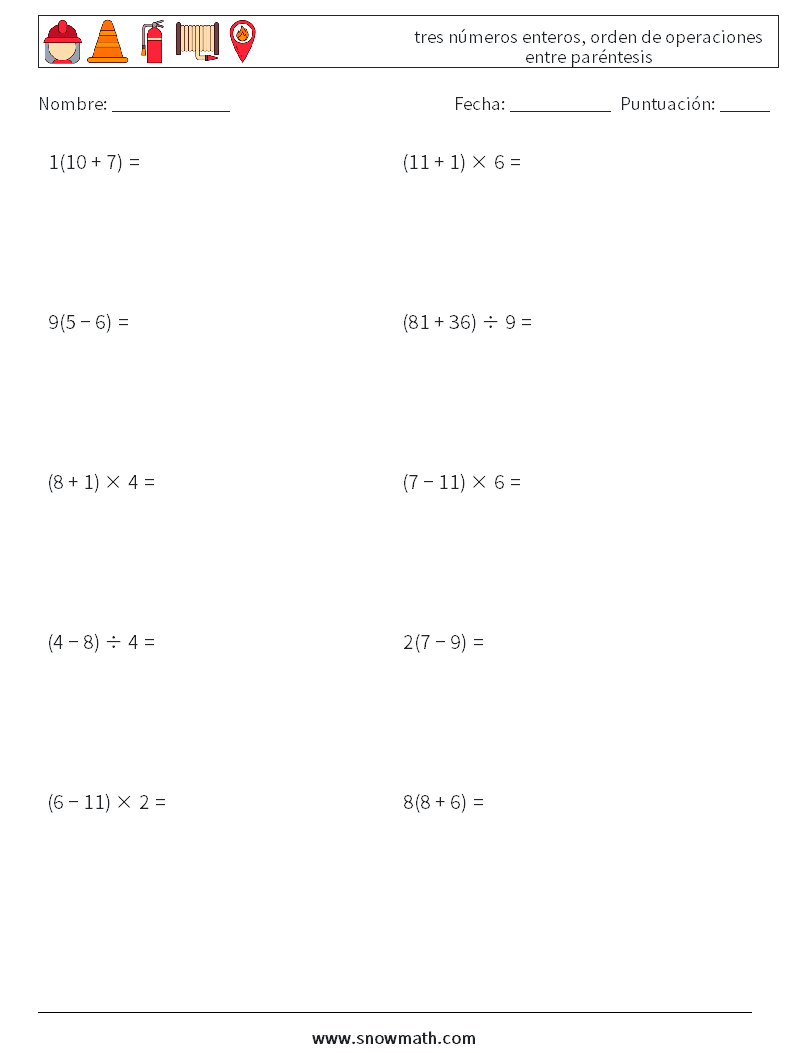 (10) tres números enteros, orden de operaciones entre paréntesis Hojas de trabajo de matemáticas 9