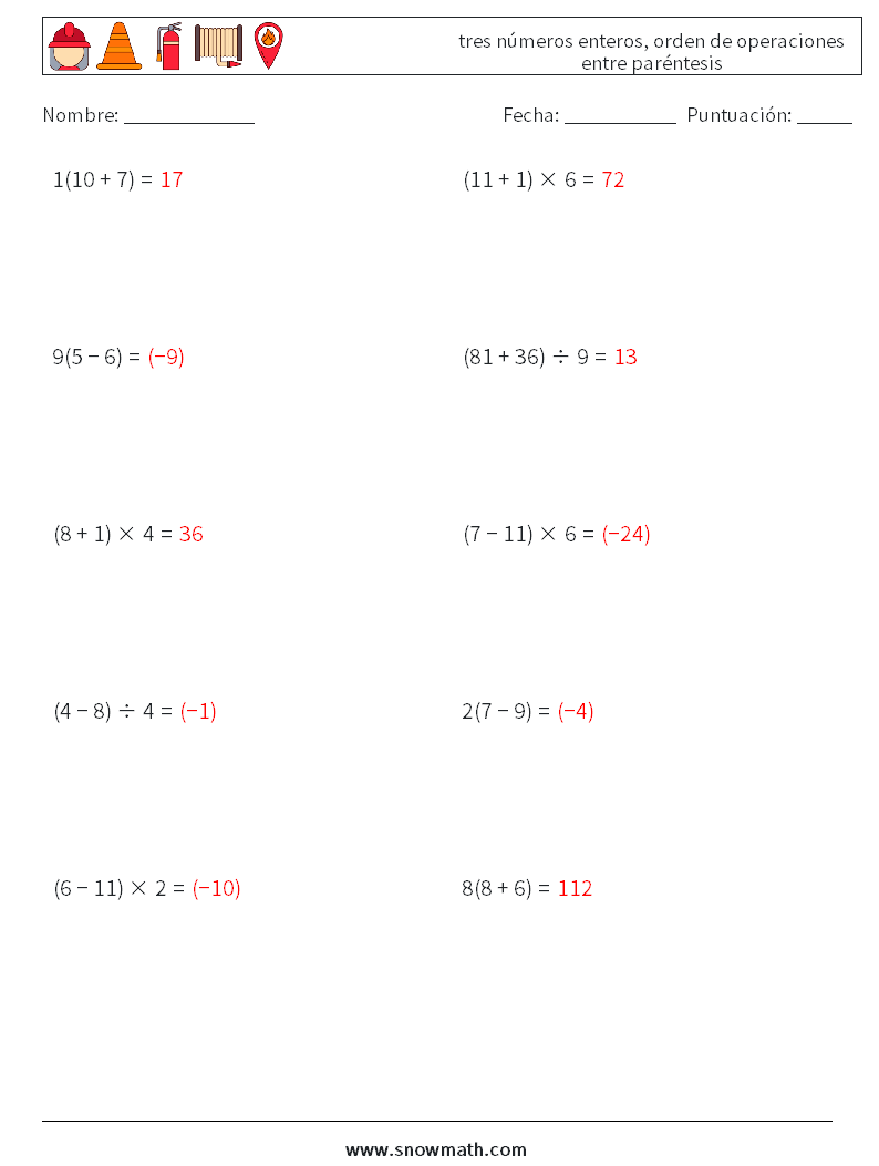 (10) tres números enteros, orden de operaciones entre paréntesis Hojas de trabajo de matemáticas 9 Pregunta, respuesta