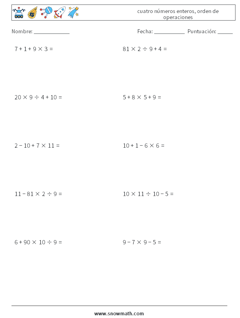 (10) cuatro números enteros, orden de operaciones Hojas de trabajo de matemáticas 1