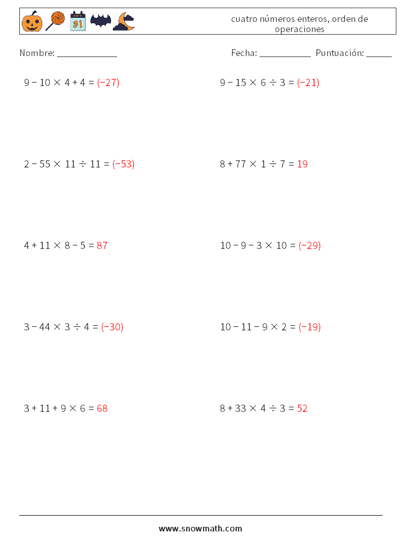(10) cuatro números enteros, orden de operaciones Hojas de trabajo de matemáticas 10 Pregunta, respuesta