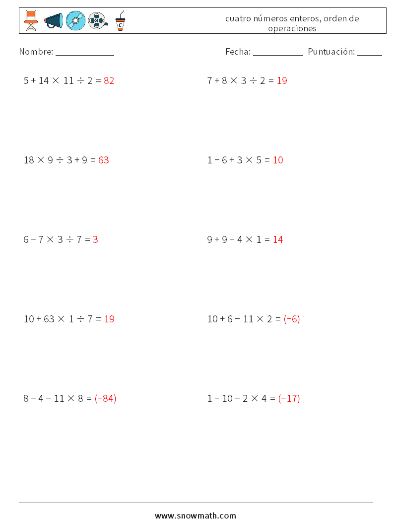 (10) cuatro números enteros, orden de operaciones Hojas de trabajo de matemáticas 11 Pregunta, respuesta