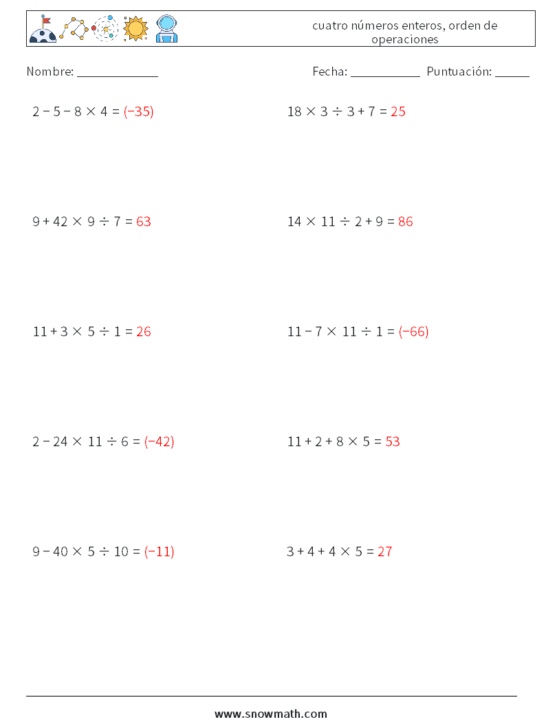 (10) cuatro números enteros, orden de operaciones Hojas de trabajo de matemáticas 12 Pregunta, respuesta